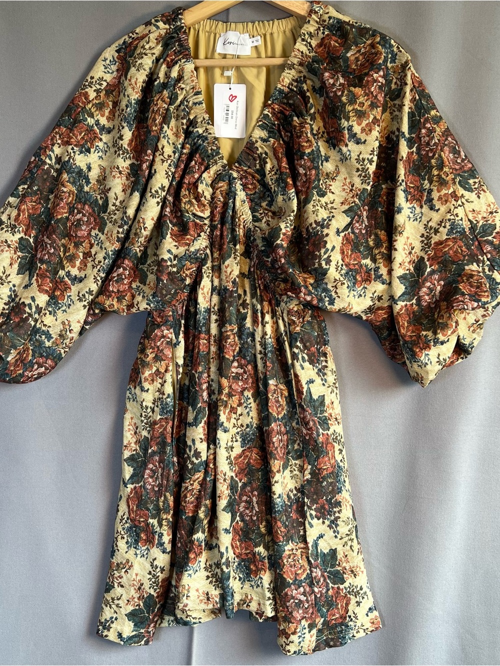 Kori America Vintage-Inspired Floral Puff Sleeve Dress Tunic Tapestry Boho